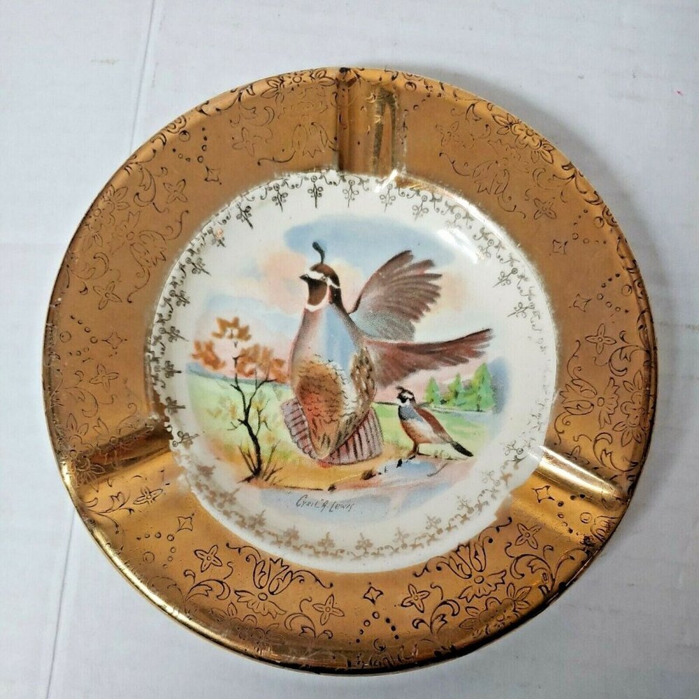 Vtg. Sabin Crest Of Gold 22k Ash Tray Rare Quail Pattern-lp
